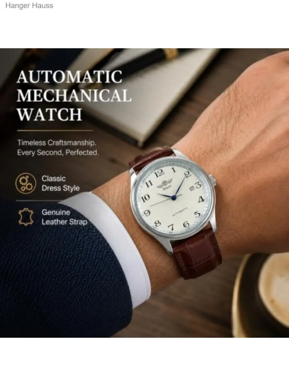 Men's Automatic Mechanical Watch - Leather Band, Day Calendar, Waterproof